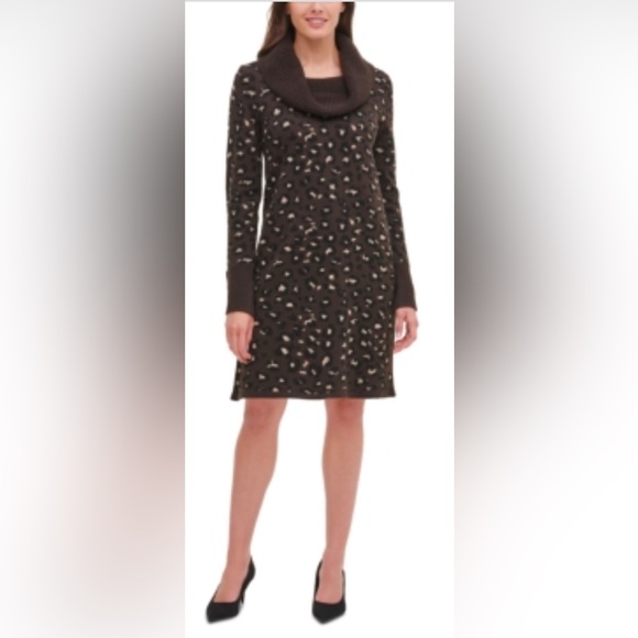 Tommy Hilfiger Cowlneck Size Medium Sweater Dress Leopard Print Brown & Tan - Picture 1 of 7